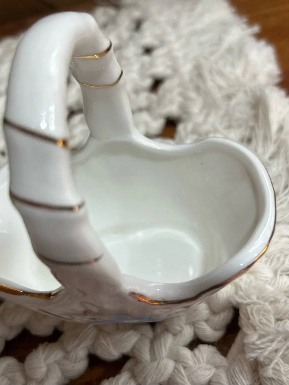 Vintage Porcelain Floral Trinket Basket with Gold Trim